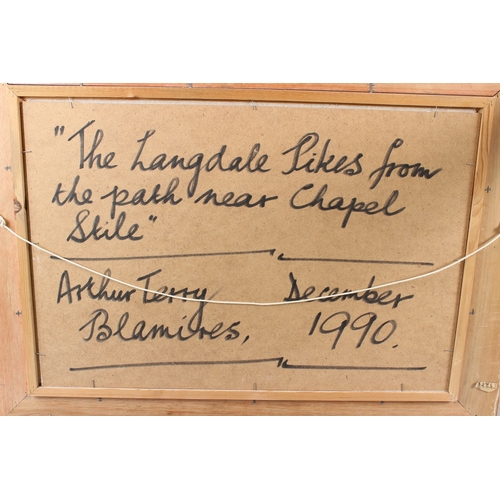 312 - ARTHUR TERRY BLAMIRES (b.1930)  'The Langdale Pikes from the path near Chapel Stile'  oil on board  ... 