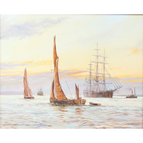 313 - A MARKHAM  Shipping off a coastline  oil on canvas  signed  39 x 49.5cm