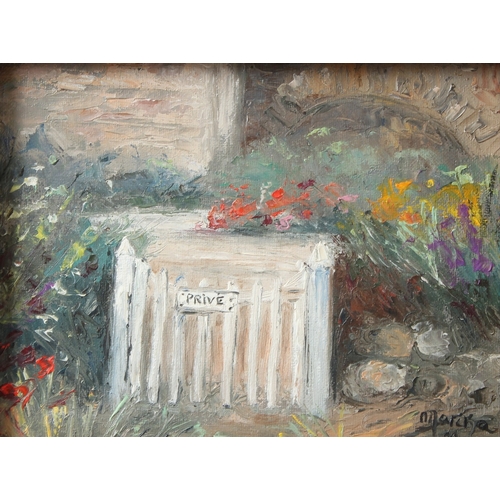 315 - MARIKA (FRENCH CONTEMPORARY)  Garden gate  oil on canvas  signed  inscribed verso  13 x 17cm