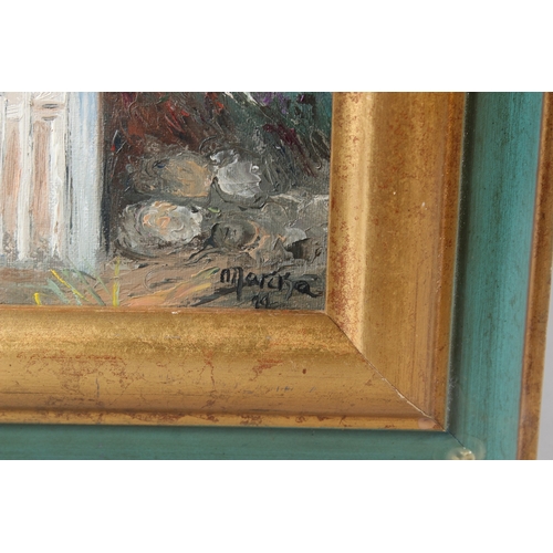 315 - MARIKA (FRENCH CONTEMPORARY)  Garden gate  oil on canvas  signed  inscribed verso  13 x 17cm