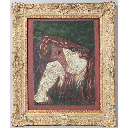 319 - POSSIBLY CONTINENTAL SCHOOL  Stylised portrait  impasto oil on board  signed indistinctly  45 x 33cm