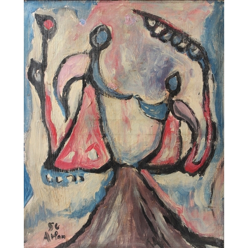 321 - POSSIBLY EUROPEAN SCHOOL  Two stylised figures in a landscape  oil on canvas  signed indistinctly  6... 