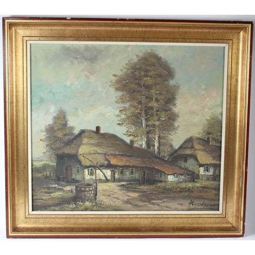 322 - 20TH CENTURY SCHOOL  Thatched cottages and trees  oil on canvas  signed indistinctly Hudson?  68 x 7... 