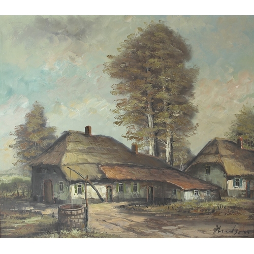 322 - 20TH CENTURY SCHOOL  Thatched cottages and trees  oil on canvas  signed indistinctly Hudson?  68 x 7... 