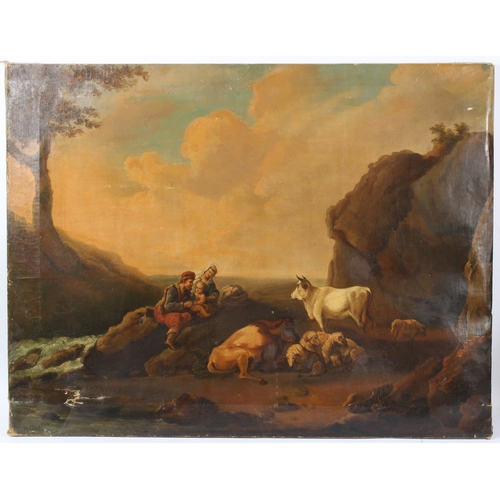 324 - EUROPEAN SCHOOL (19TH CENTURY)  Mary, Joseph and the infant Jesus  resting in a landscape amongst fa... 