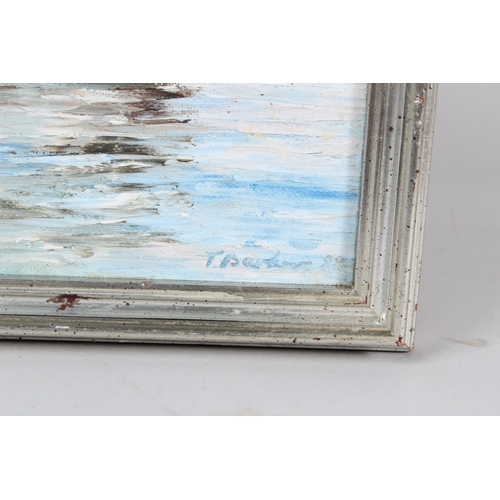 330 - T BARKER  'Junk in early morning on Victoria Harbour Hong Kong  oil on canvas board  signed  inscrib... 