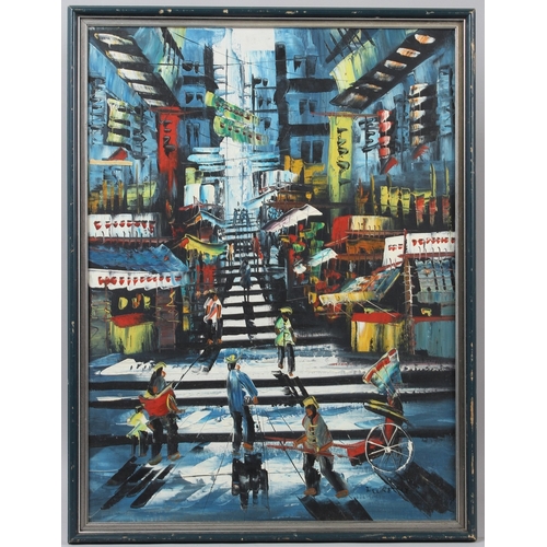 331 - SOUTH EAST ASIAN SCHOOL (20TH CENTURY)  Busy street scene  oil on canvas board  signed indistinctly ... 