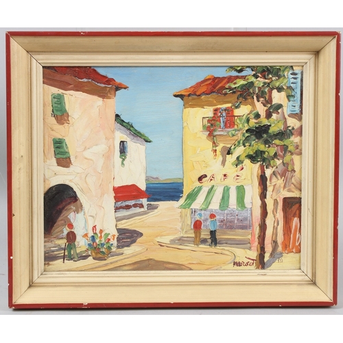 332 - MARGOT  'Riviera Scene'  in the manner of D'Oyly John  oil on board  signed  gallery label on backin... 
