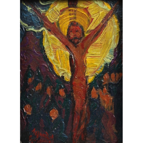 335 - EXPRESSIONIST SCHOOL  Crucifixion  oil on board  signed indistinctly  17 x 12.5cm