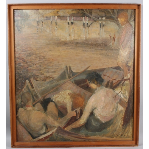 336 - SALTER  River scene with figures in a boat  oil on board  signed  92 x 83cm