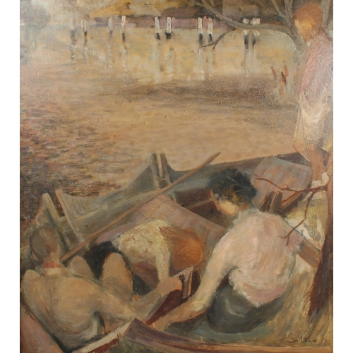 336 - SALTER  River scene with figures in a boat  oil on board  signed  92 x 83cm
