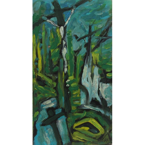 337 - EXPRESSIONIST SCHOOL  Crucifixion  oil on canvas  signed indistinctly  unframed  46 x 25.5cm