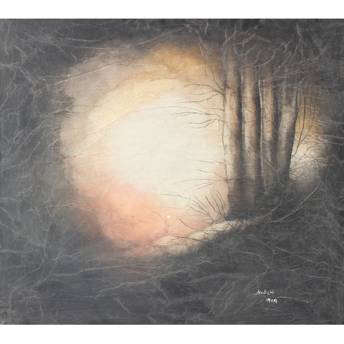 340 - AFTER LAYLA AL-ATTAR (IRAQ 20TH CENTURY)  Scene of light through woodland  oil on canvas  bears sign... 