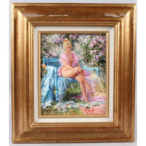 341 - KONSTANTIN RAZUMOV (b.1974 RUSSIAN)  'May Sun'  semi naked lady seated on a bench  oil on canvas  si... 