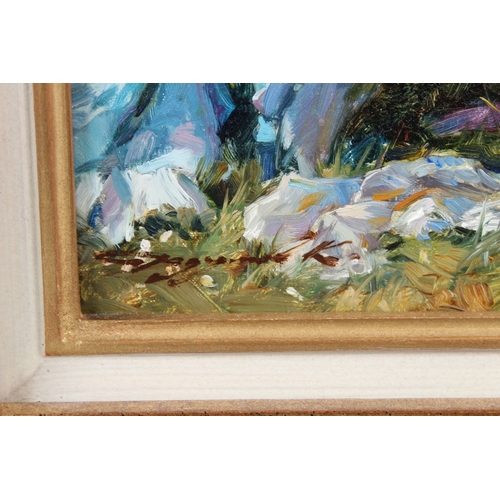 341 - KONSTANTIN RAZUMOV (b.1974 RUSSIAN)  'May Sun'  semi naked lady seated on a bench  oil on canvas  si... 