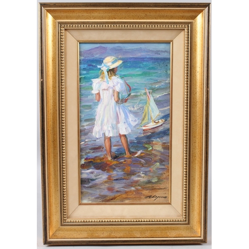 343 - ALEXANDER AVERIN  'The Toy Yacht'  oil on canvas  signed  32 x 18cm