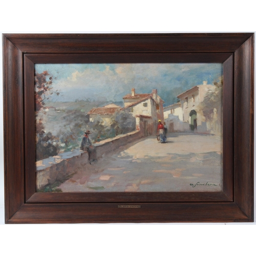 344 - ALFREDO SCOCCHERA (1887-1955)  View of Spanish town with figures on a road  oil on canvas  signed  4... 