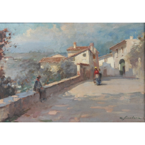 344 - ALFREDO SCOCCHERA (1887-1955)  View of Spanish town with figures on a road  oil on canvas  signed  4... 