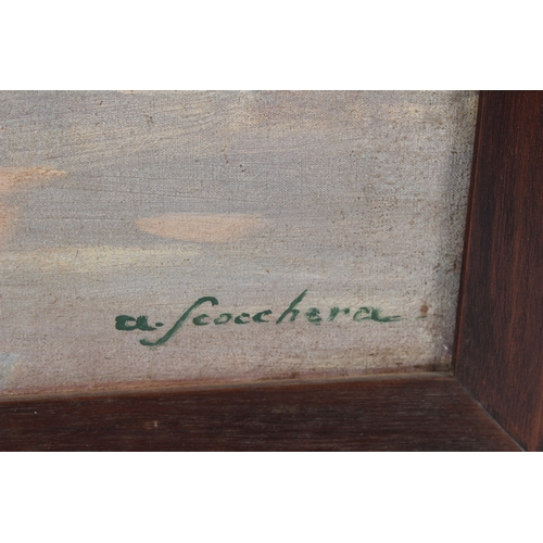 344 - ALFREDO SCOCCHERA (1887-1955)  View of Spanish town with figures on a road  oil on canvas  signed  4... 