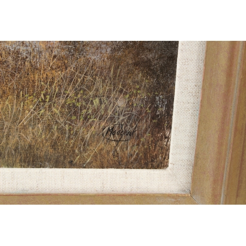 345 - CLIVE MADGWICK (1934-2005)  View of farm and pond  oil on board  signed  19.5 x 32cm