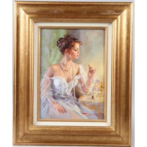 346 - KONSTANTIN RAZUMOV (1974 RUSSIAN)  'Lipstick'  woman at a dressing table  oil on canvas  signed  Ins... 