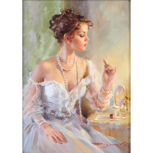 346 - KONSTANTIN RAZUMOV (1974 RUSSIAN)  'Lipstick'  woman at a dressing table  oil on canvas  signed  Ins... 