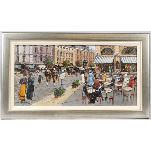 347 - CONTINENTAL SCHOOL  Street scene with carriages and cafe  oil on board  signed indistinctly  29 x 59... 