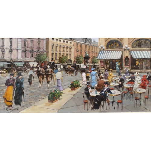 347 - CONTINENTAL SCHOOL  Street scene with carriages and cafe  oil on board  signed indistinctly  29 x 59... 