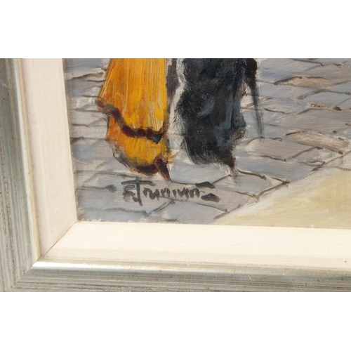 347 - CONTINENTAL SCHOOL  Street scene with carriages and cafe  oil on board  signed indistinctly  29 x 59... 