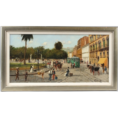 348 - CONTINENTAL SCHOOL  Street scene with carriages and trams  oil on board  signed indistinctly  28 x 5... 