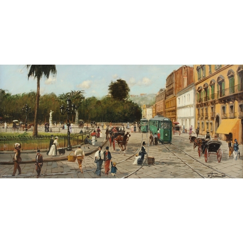 348 - CONTINENTAL SCHOOL  Street scene with carriages and trams  oil on board  signed indistinctly  28 x 5... 