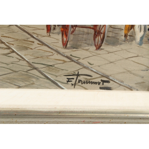 348 - CONTINENTAL SCHOOL  Street scene with carriages and trams  oil on board  signed indistinctly  28 x 5... 