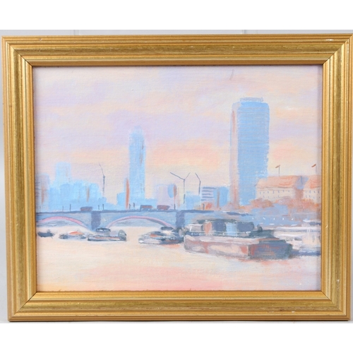 349 - BRITISH SCHOOL (LATE 20TH CENTURY)  Barges near a Thames river bridge  acrylic on canvas board  19 x... 