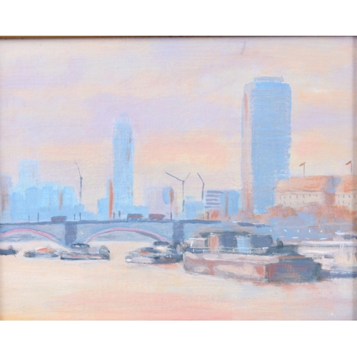 349 - BRITISH SCHOOL (LATE 20TH CENTURY)  Barges near a Thames river bridge  acrylic on canvas board  19 x... 