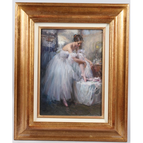 352 - KONSTANTIN RAZUMOV (1974 RUSSIAN)  Dancer tying her laces  oil on canvas  signed  Inscribed on the r... 