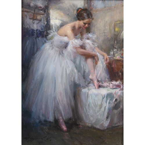 352 - KONSTANTIN RAZUMOV (1974 RUSSIAN)  Dancer tying her laces  oil on canvas  signed  Inscribed on the r... 