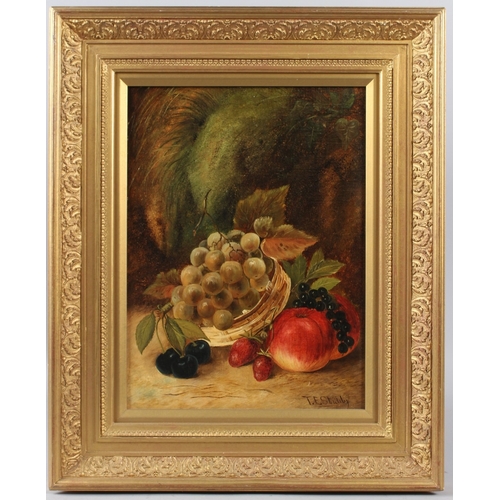 353 - T E STUBBS  Still life of fruit in a basket  oil on board  signed  38.5 x 28.5cm