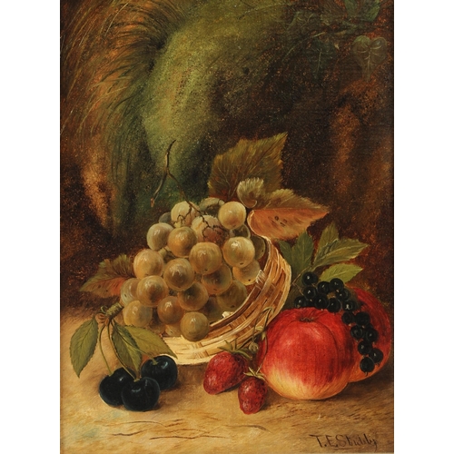 353 - T E STUBBS  Still life of fruit in a basket  oil on board  signed  38.5 x 28.5cm