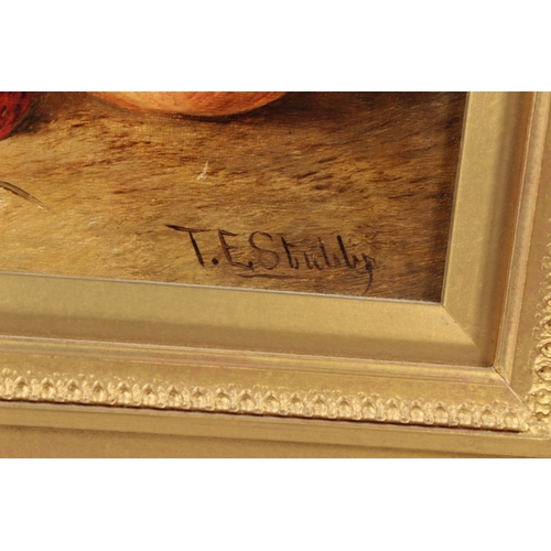 353 - T E STUBBS  Still life of fruit in a basket  oil on board  signed  38.5 x 28.5cm