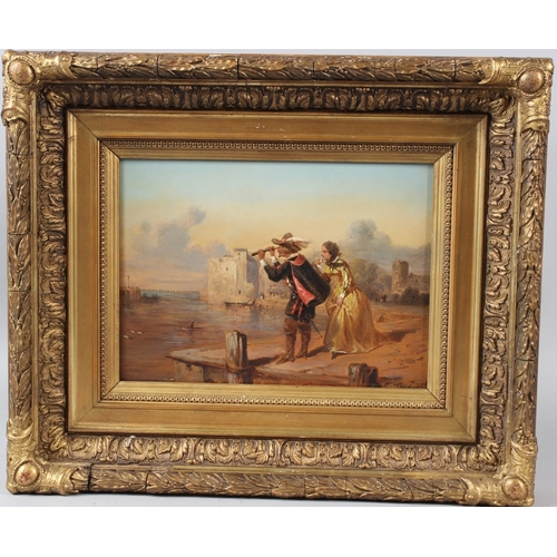 355 - CONTINENTAL SCHOOL  View of a coastal castle  with a couple looking out to sea  oil on board  signed... 