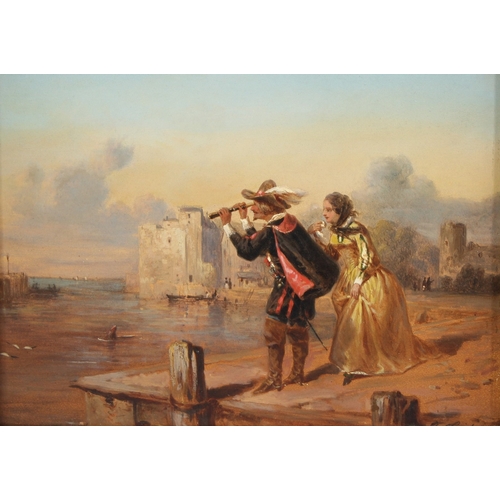 355 - CONTINENTAL SCHOOL  View of a coastal castle  with a couple looking out to sea  oil on board  signed... 