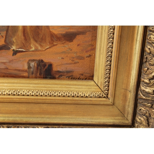 355 - CONTINENTAL SCHOOL  View of a coastal castle  with a couple looking out to sea  oil on board  signed... 