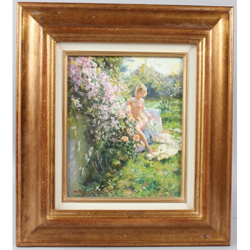 356 - KONSTANTIN RAZUMOV (b.1974 RUSSIAN)  'Spring Day'  naked lady seated by a rose bush  oil on canvas  ... 