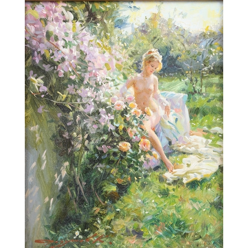 356 - KONSTANTIN RAZUMOV (b.1974 RUSSIAN)  'Spring Day'  naked lady seated by a rose bush  oil on canvas  ... 