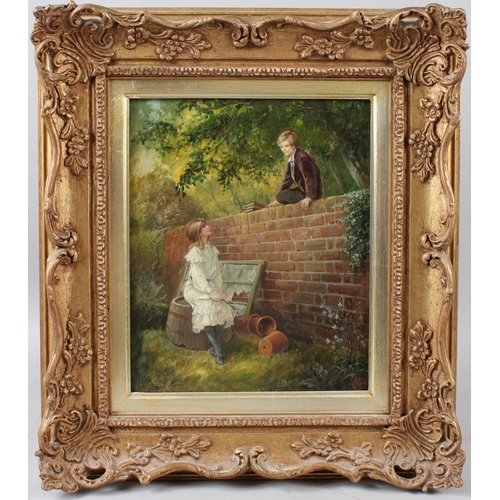 357 - R MARSHALL  'At the bottom of the Garden'  oil on panel  signed with a monogram  28.5 x 23cm