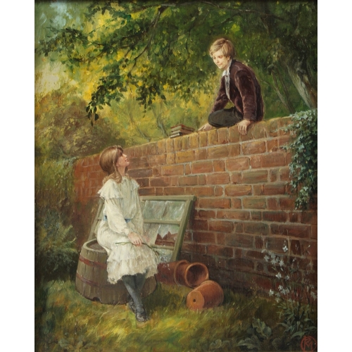 357 - R MARSHALL  'At the bottom of the Garden'  oil on panel  signed with a monogram  28.5 x 23cm