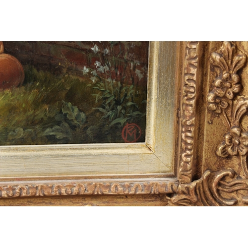 357 - R MARSHALL  'At the bottom of the Garden'  oil on panel  signed with a monogram  28.5 x 23cm