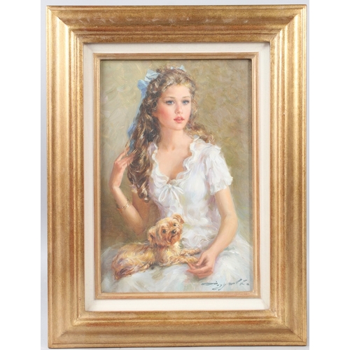 360 - KONSTANTIN RAZUMOV (b.1974 RUSSIAN)  Seated girl with lapdog  oil on canvas  signed  Inscribed on th... 