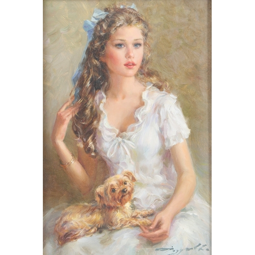 360 - KONSTANTIN RAZUMOV (b.1974 RUSSIAN)  Seated girl with lapdog  oil on canvas  signed  Inscribed on th... 