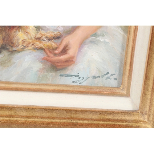 360 - KONSTANTIN RAZUMOV (b.1974 RUSSIAN)  Seated girl with lapdog  oil on canvas  signed  Inscribed on th... 